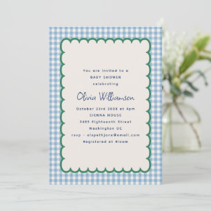 Vintage Blue Plaid Green Scallop Baby Shower Invitation