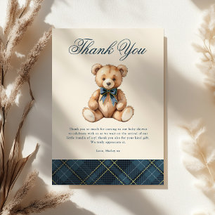 Vintage Blue Plaid Teddy Bear Baby Shower Thank You Card