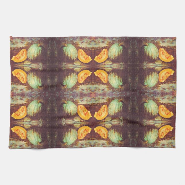 Vintage blue pumpkin heirloom fall painting kitchen towel (Horizontal)