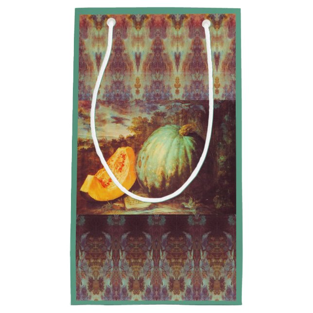 Vintage blue pumpkin heirloom fall painting small gift bag (Front)