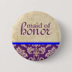 Vintage Blue Purple Damask Maid of Honour Button
