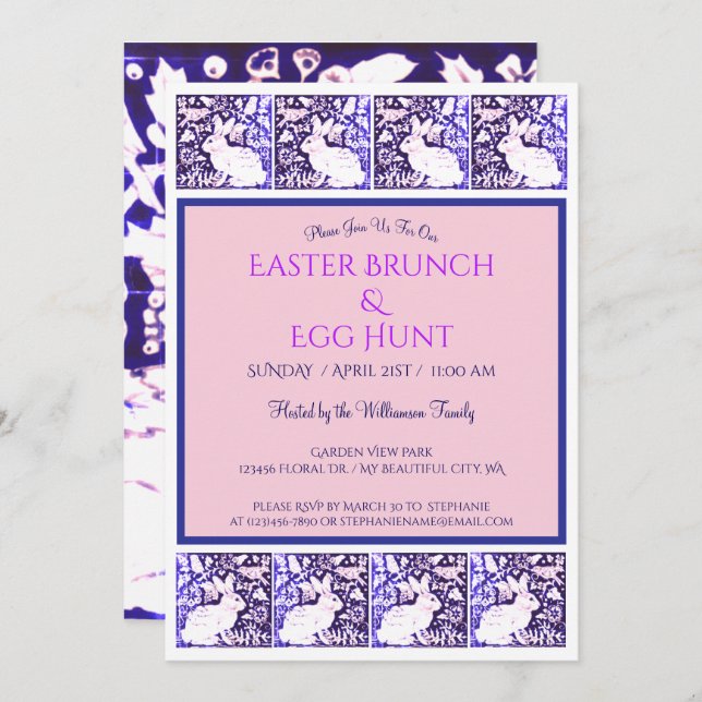Vintage Blue Purple Easter Bunny Brunch Pretty Invitation (Front/Back)
