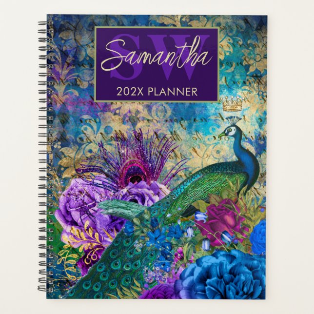 Vintage Blue, purple & Gold floral Peacock Planner (Front)