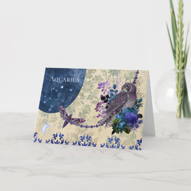 Vintage Blue Purple Zodiac Aquarius Birthday Card (Front)