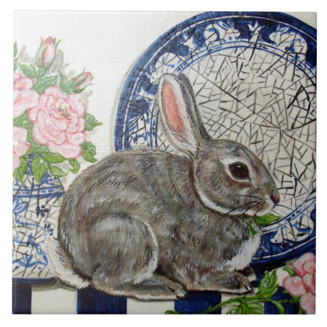 Vintage Blue Rabbit Animal Nature Dedham Look Tile (Front)
