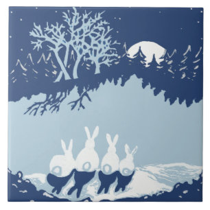 Vintage Blue Rabbits w/ Moon, Starry Night Forest Tile