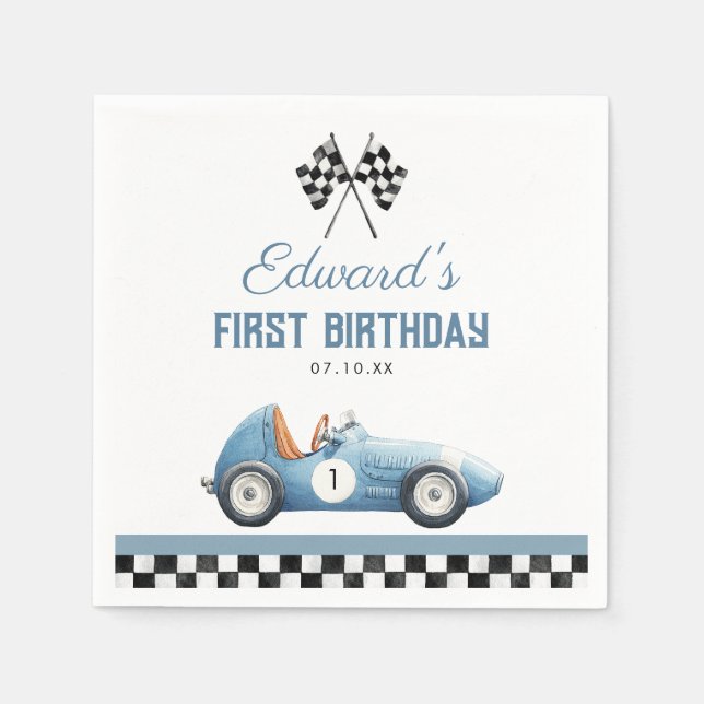 Vintage Blue Race Car 1st Birthday Napkin (Front)