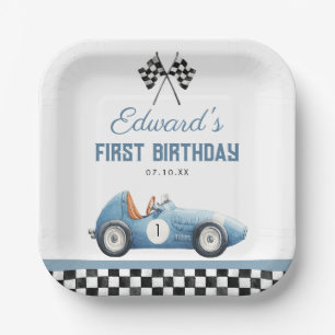 Vintage Blue Race Car 1st Birthday Paper Plate