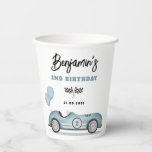 Vintage Blue Race Car Two Fast Boy Birthday Party Paper Cups<br><div class="desc">Celebrate your little speedster's special day with our charming paper cups,  designed exclusively for boys' birthday celebrations. These eye-catching cups blend vintage charm with playful whimsy,  featuring a beautifully illustrated retro race car in a serene shade of dusty blue,  accented by matching balloons.</div>