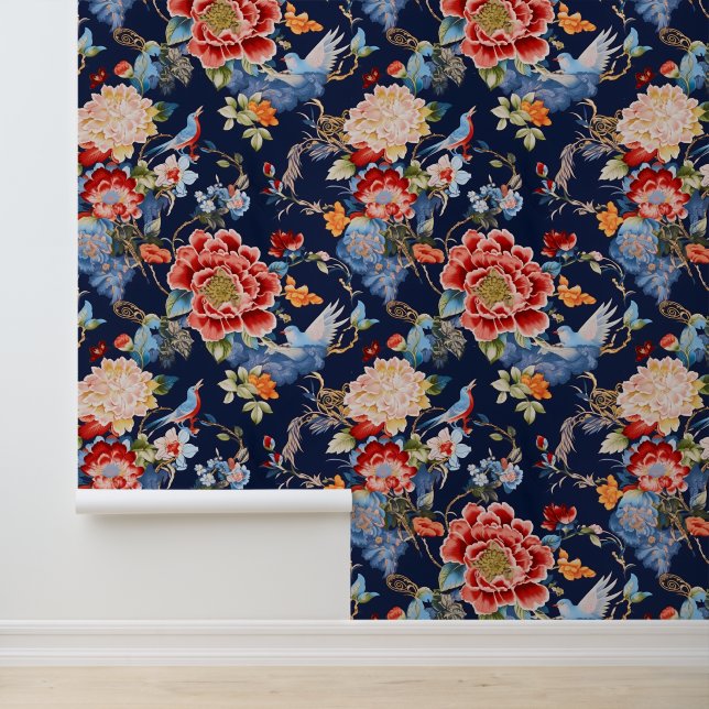Vintage blue red chinoiserie wallpaper (Application)