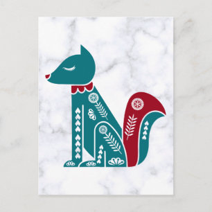 Vintage Blue Red Scandinavian Squirrel Postcard