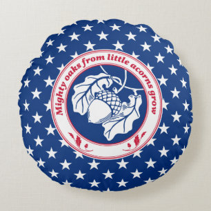 Vintage Blue Red White Proverb Oak Acorn Ink Art Round Pillow