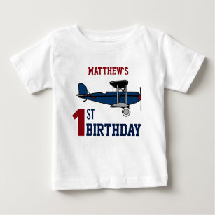 Vintage Blue Retro Airplane 1st Birthday Party Baby T-Shirt