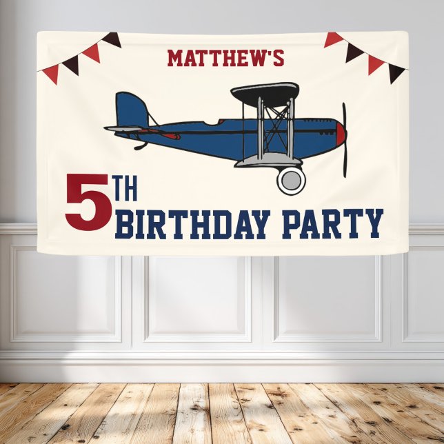 Vintage Blue Retro Airplane Birthday Party Banner (Creator Uploaded)