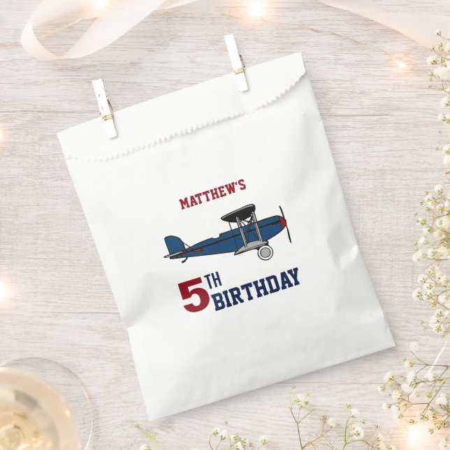 Vintage Blue Retro Airplane Birthday Party Favour Bag (Clipped)