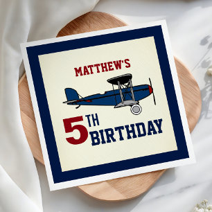 Vintage Blue Retro Airplane Birthday Party Paper Napkin