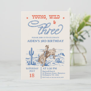 Vintage Blue Rodeo Young Wild Three 3rd Birthday Invitation