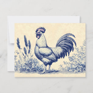 Vintage Blue Rooster in a Floral Garden Postcard