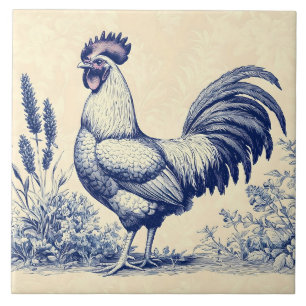 Vintage Blue Rooster in a Floral Garden Tile