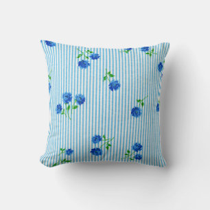 Vintage Blue Rose Cottage Chic Seersucker Striped Throw Pillow