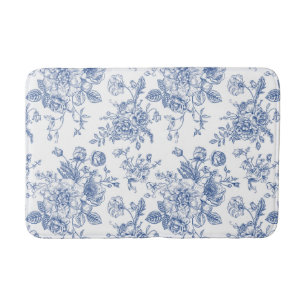 Vintage Blue Rose Floral Pattern Bath Mat