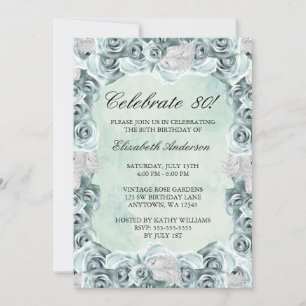 Vintage Blue Roses and Feather 80th Birthday Party Invitation