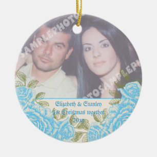 Vintage blue roses Couple's first Christmas photo Ceramic Ornament