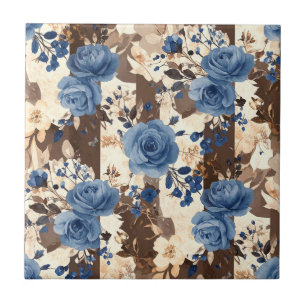 Vintage Blue Roses on Brown and Cream Stripes Tile
