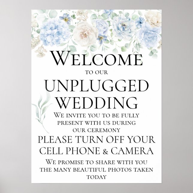 Vintage Blue Roses Unplugged Wedding Ceremony Poster (Front)