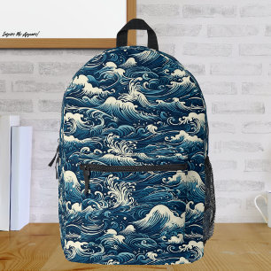 Vintage Blue Rough Waves Pattern Printed Backpack
