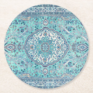 Vintage Blue Rug Pattern Round Paper Coaster