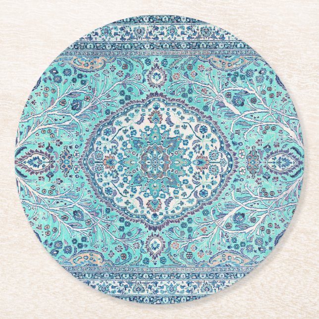 Vintage Blue Rug Pattern Round Paper Coaster (Front)