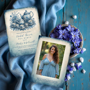 Vintage Blue Rustic Floral Tea Party Illustration Invitation