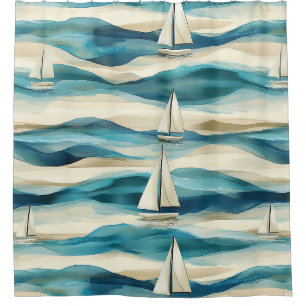 Vintage Blue Sailboat Maritime Coastal Pattern