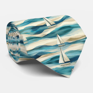 Vintage Blue Sailboat Maritime Coastal Pattern Tie
