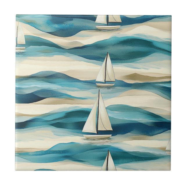 Vintage Blue Sailboat Maritime Coastal Pattern Tile (Front)