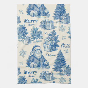 Vintage Blue Santa Christmas Toile Pattern Kitchen Towel