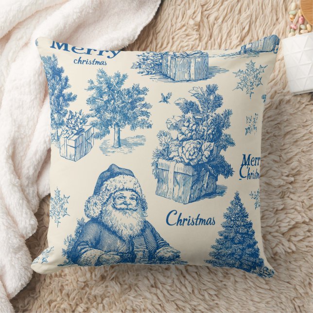Vintage Blue Santa Christmas Toile Pattern Throw Pillow (Blanket)