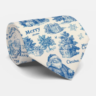 Vintage Blue Santa Christmas Toile Pattern Tie