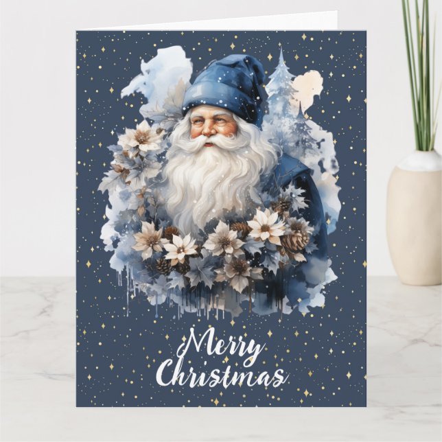 Vintage Blue Santa Customizable XL Holiday Card (Front)