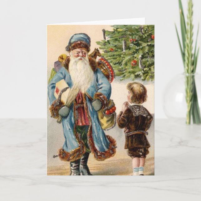 Vintage Blue Santa Holiday Card (Front)