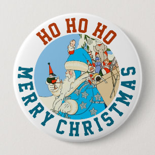 Vintage Blue Santa with Christmas Toys 4 Inch Round Button