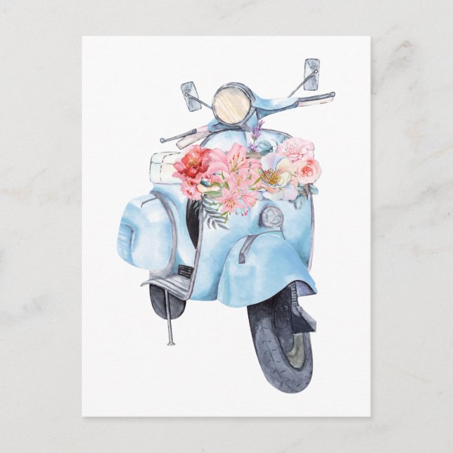 Vintage blue scooter with flowers postcard (Front)