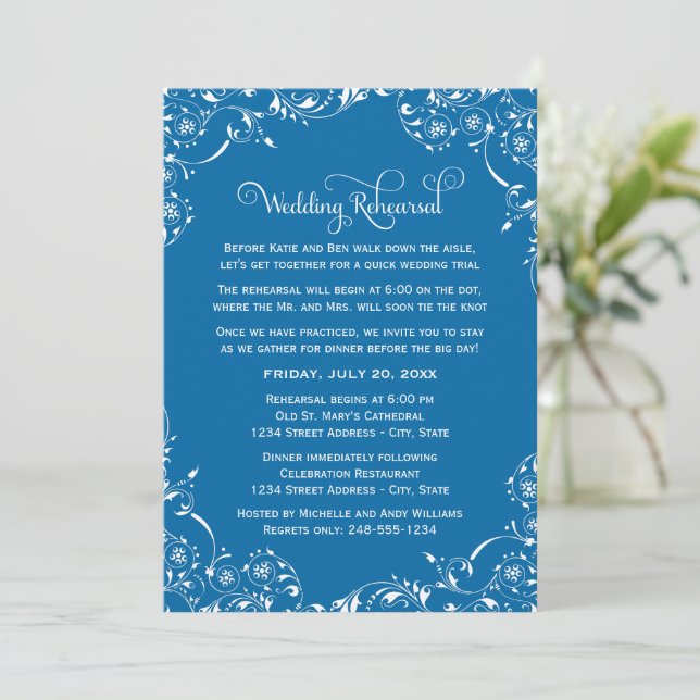 Vintage Blue Scrolls Wedding Rehearsal and Dinner Invitation (Standing Front)
