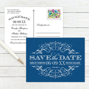 Vintage Blue Scrollwork Save the Date Announcement Postcard