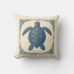 Vintage Blue Sea Turtle Nautical Coastal Throw Pillow