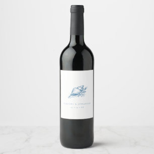 Vintage Blue Seashell Coastal Wedding Wine Label