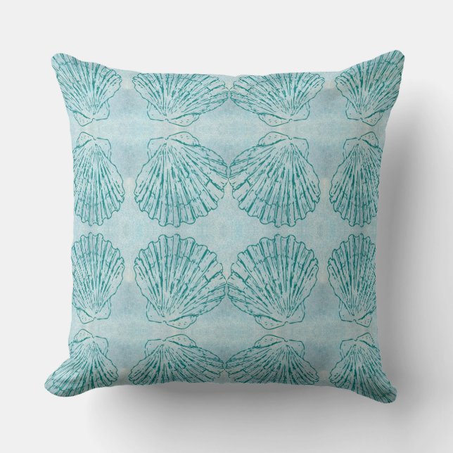 Vintage Blue Seashell Nautical Pattern Throw Pillow (Front)