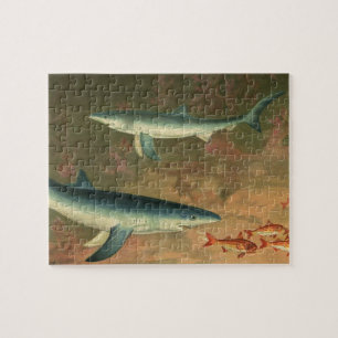 Vintage Blue Shark Eating Fish, Marine Life Jigsaw Puzzle