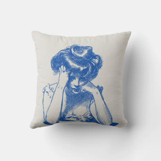 Vintage Blue Sketch of a Thoughtful Woman Throw Pillow